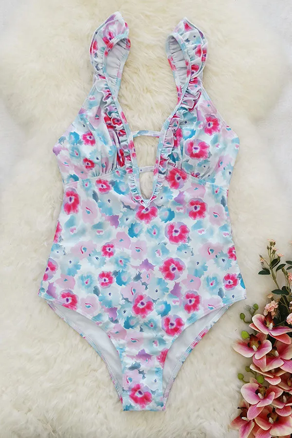 Floral Print  Romantic Ruffles One Piece Swimwear