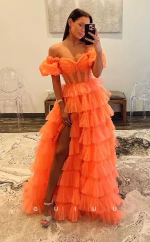 G4385 - Beautiful A-Line Strapless Off The Shoulder Lace Sleeves Tulle Tiered Formal Evening Gown with High Slit
