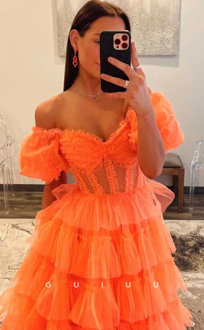 G4385 - Beautiful A-Line Strapless Off The Shoulder Lace Sleeves Tulle Tiered Formal Evening Gown with High Slit