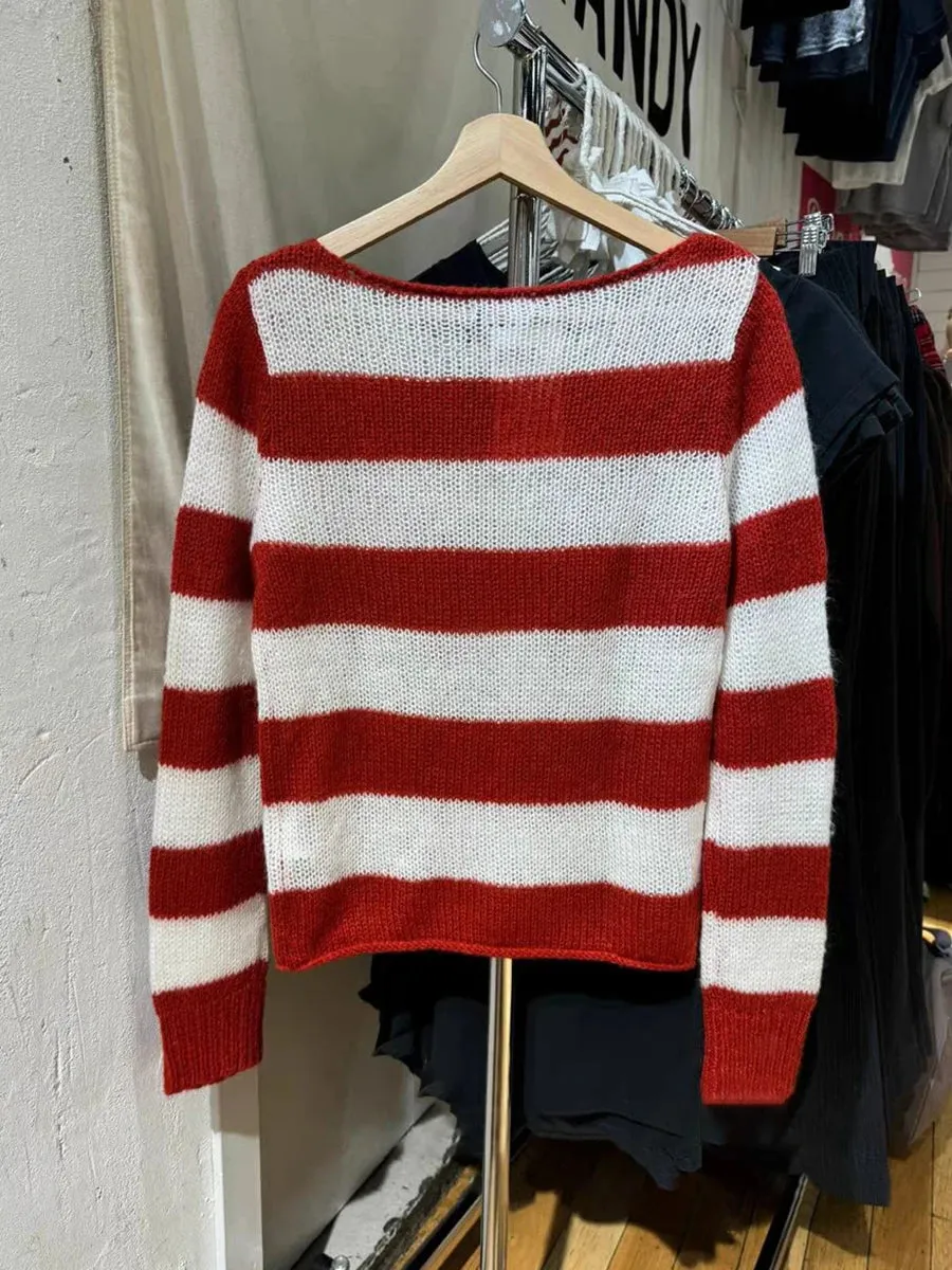Girlary New Red Striped Thin Long Sleeve T-Shirt Woman Scoop Neck Cotton Knitted Smock Autum Sweet Sweetwear Fashion Tee Tops Y2k Tshirt