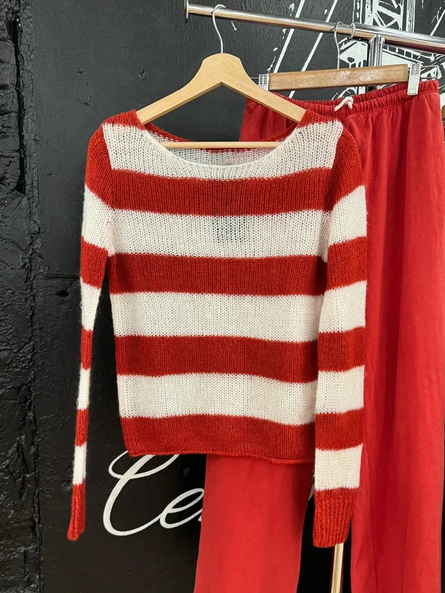 Girlary New Red Striped Thin Long Sleeve T-Shirt Woman Scoop Neck Cotton Knitted Smock Autum Sweet Sweetwear Fashion Tee Tops Y2k Tshirt