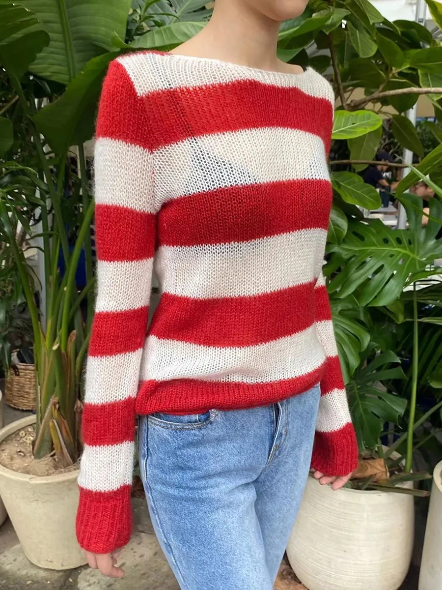 Girlary New Red Striped Thin Long Sleeve T-Shirt Woman Scoop Neck Cotton Knitted Smock Autum Sweet Sweetwear Fashion Tee Tops Y2k Tshirt