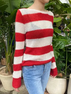 Girlary New Red Striped Thin Long Sleeve T-Shirt Woman Scoop Neck Cotton Knitted Smock Autum Sweet Sweetwear Fashion Tee Tops Y2k Tshirt