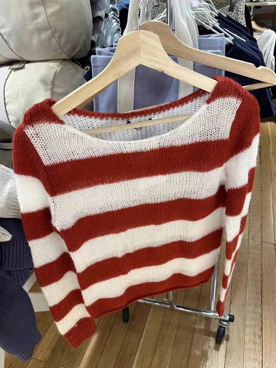Girlary New Red Striped Thin Long Sleeve T-Shirt Woman Scoop Neck Cotton Knitted Smock Autum Sweet Sweetwear Fashion Tee Tops Y2k Tshirt