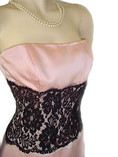 GORGEOUS VINTAGE AFTER SIX STRAPLESS BLACK LACE & PINK EVENING DRESS