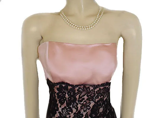 GORGEOUS VINTAGE AFTER SIX STRAPLESS BLACK LACE & PINK EVENING DRESS