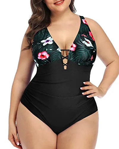 High Waisted Line Plus Size Ruched One Piece Swimsuit-Black Floral