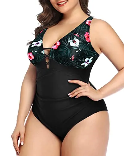 High Waisted Line Plus Size Ruched One Piece Swimsuit-Black Floral