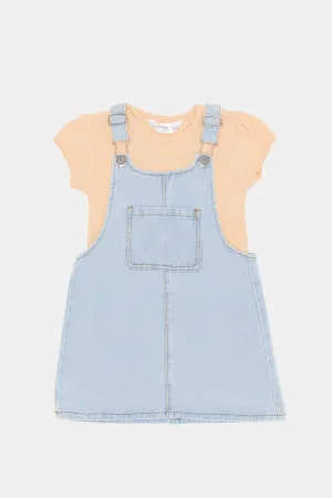 Infant Girls Coral And Blue Dungree Set (2 Piece)