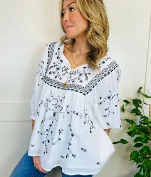 Ivory Black Embroidered Boho Blouse