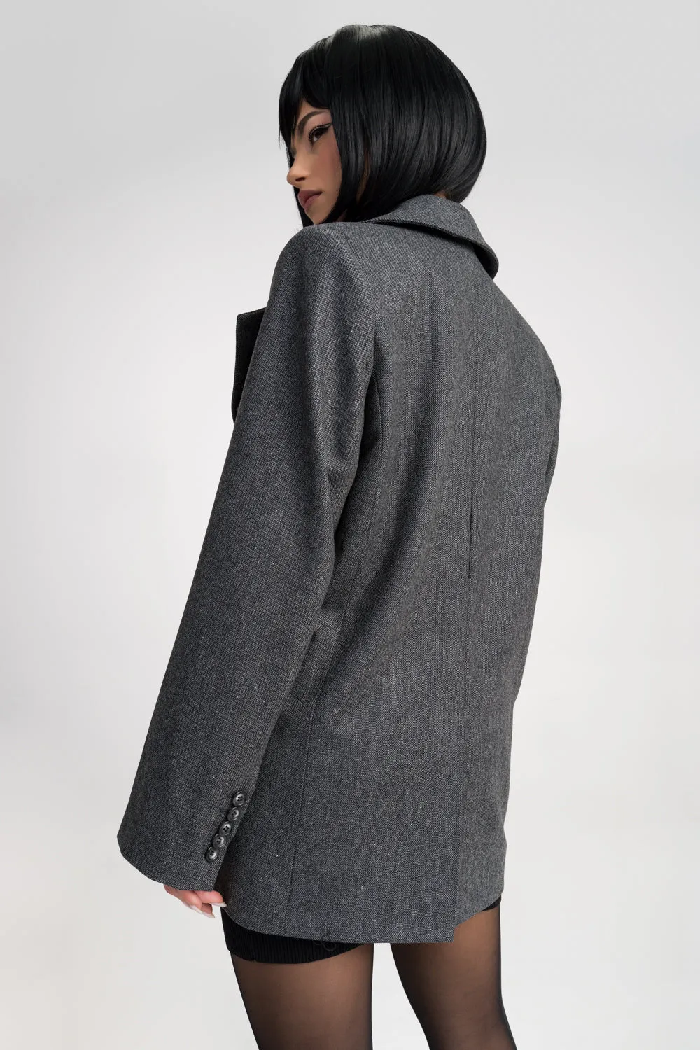 'Jade' Grey Deconstructed Lapels Oversized Wool Blazer