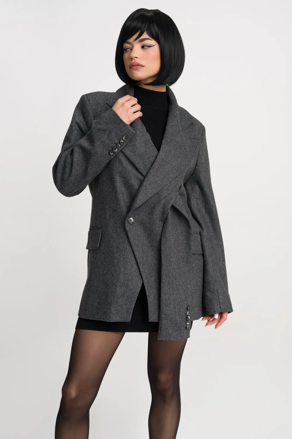 'Jade' Grey Deconstructed Lapels Oversized Wool Blazer