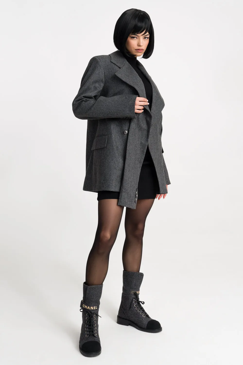 'Jade' Grey Deconstructed Lapels Oversized Wool Blazer