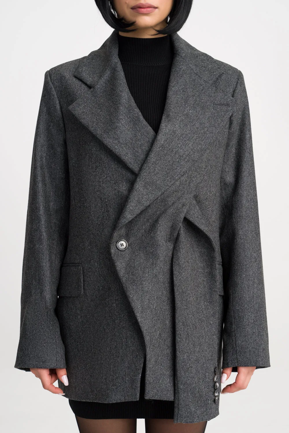'Jade' Grey Deconstructed Lapels Oversized Wool Blazer