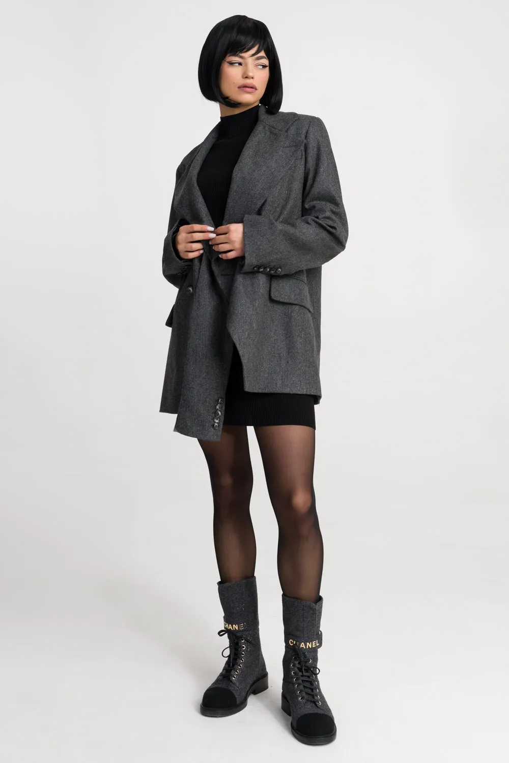 'Jade' Grey Deconstructed Lapels Oversized Wool Blazer