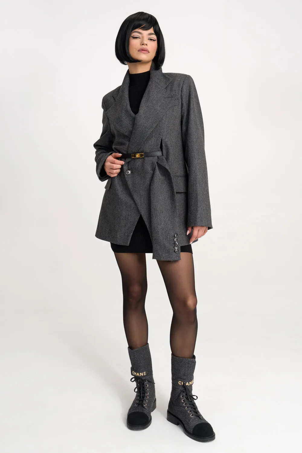'Jade' Grey Deconstructed Lapels Oversized Wool Blazer