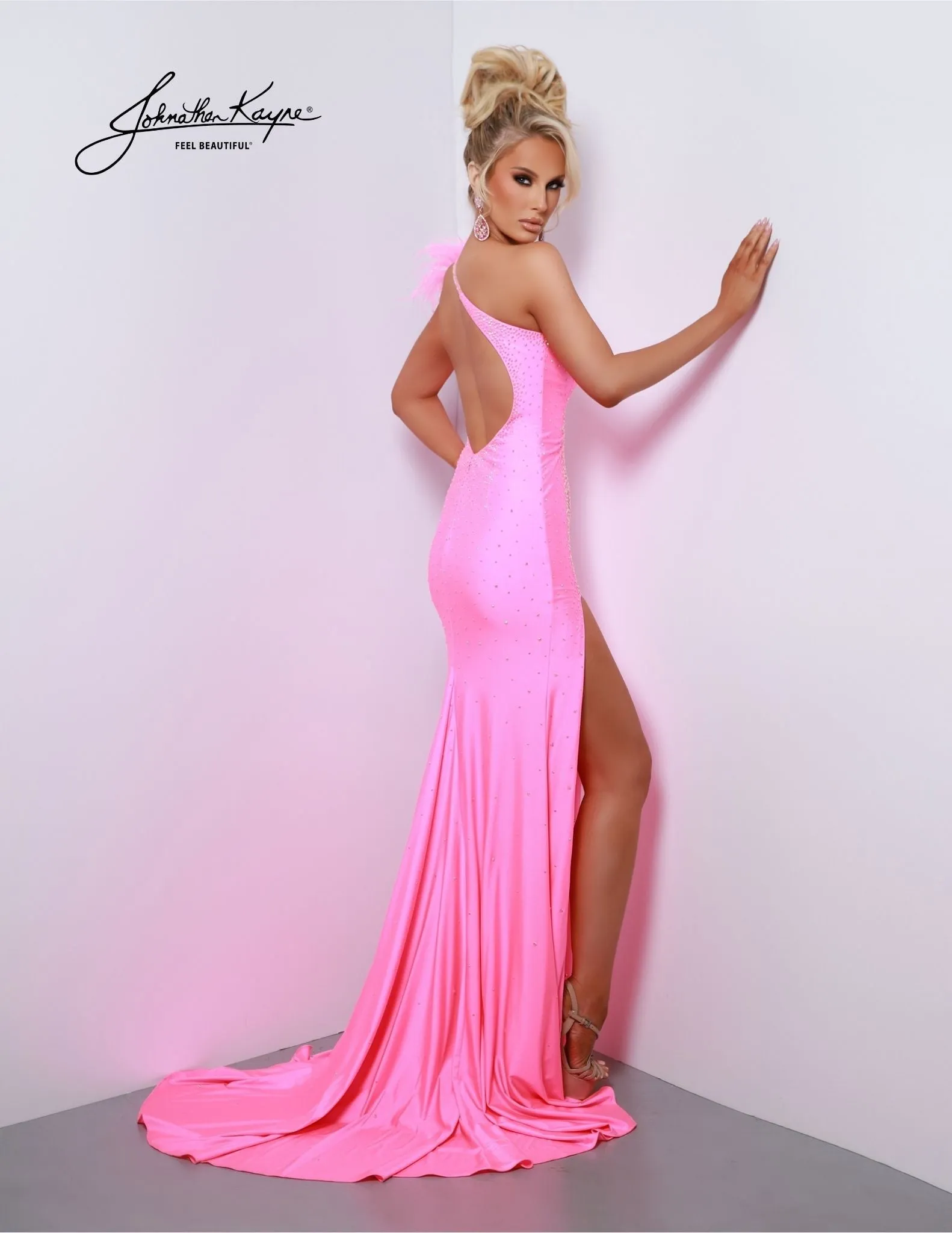 Johnathan Kayne 2810 Size 6 Peacock Long Prom Dress Fitted One Shoulder Feather Maxi Slit Formal Gown