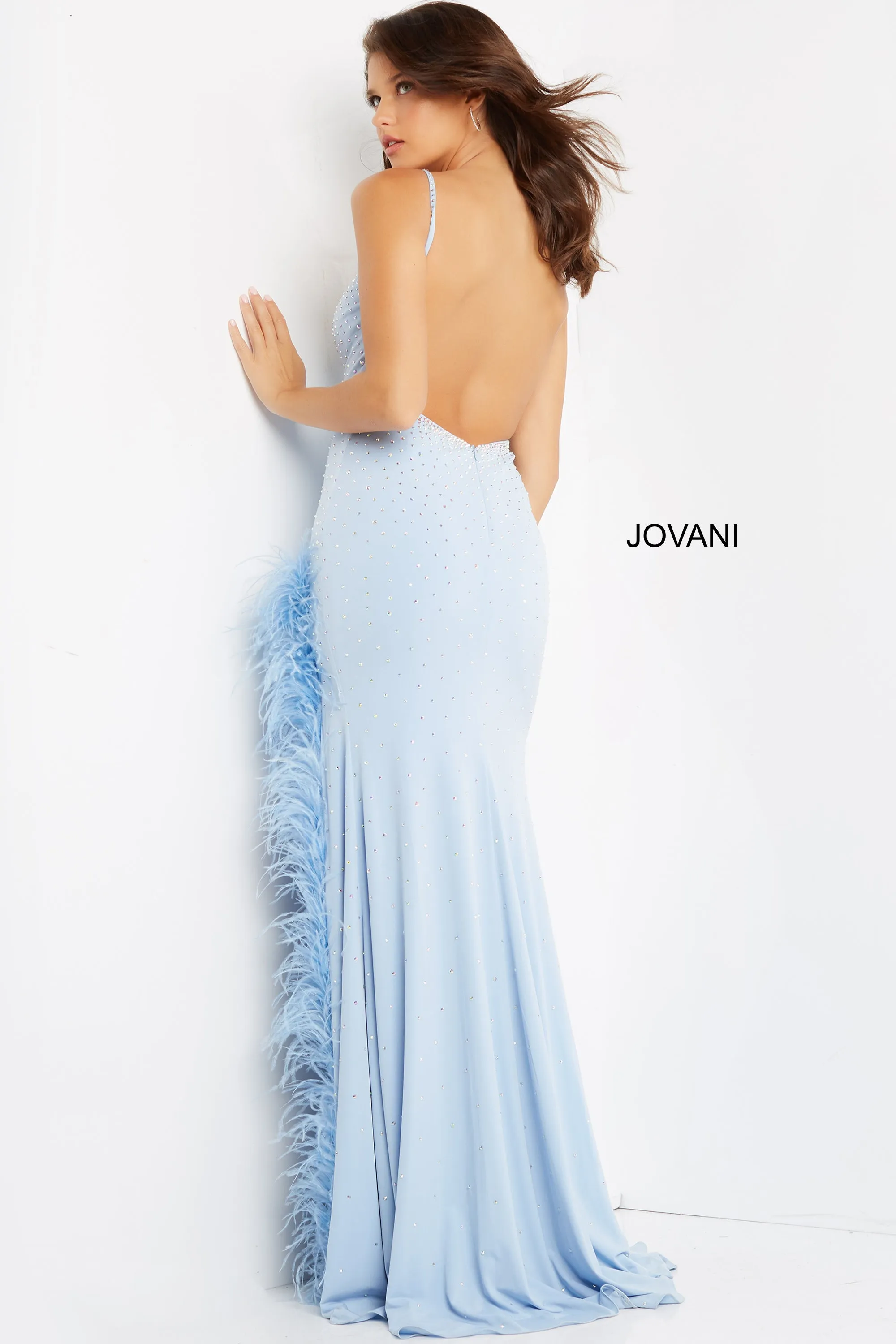 Jovani 08283 Stone Embellished Feather Trimmed Side Slit Low Back V-Neck Prom Pageant Formal Dress