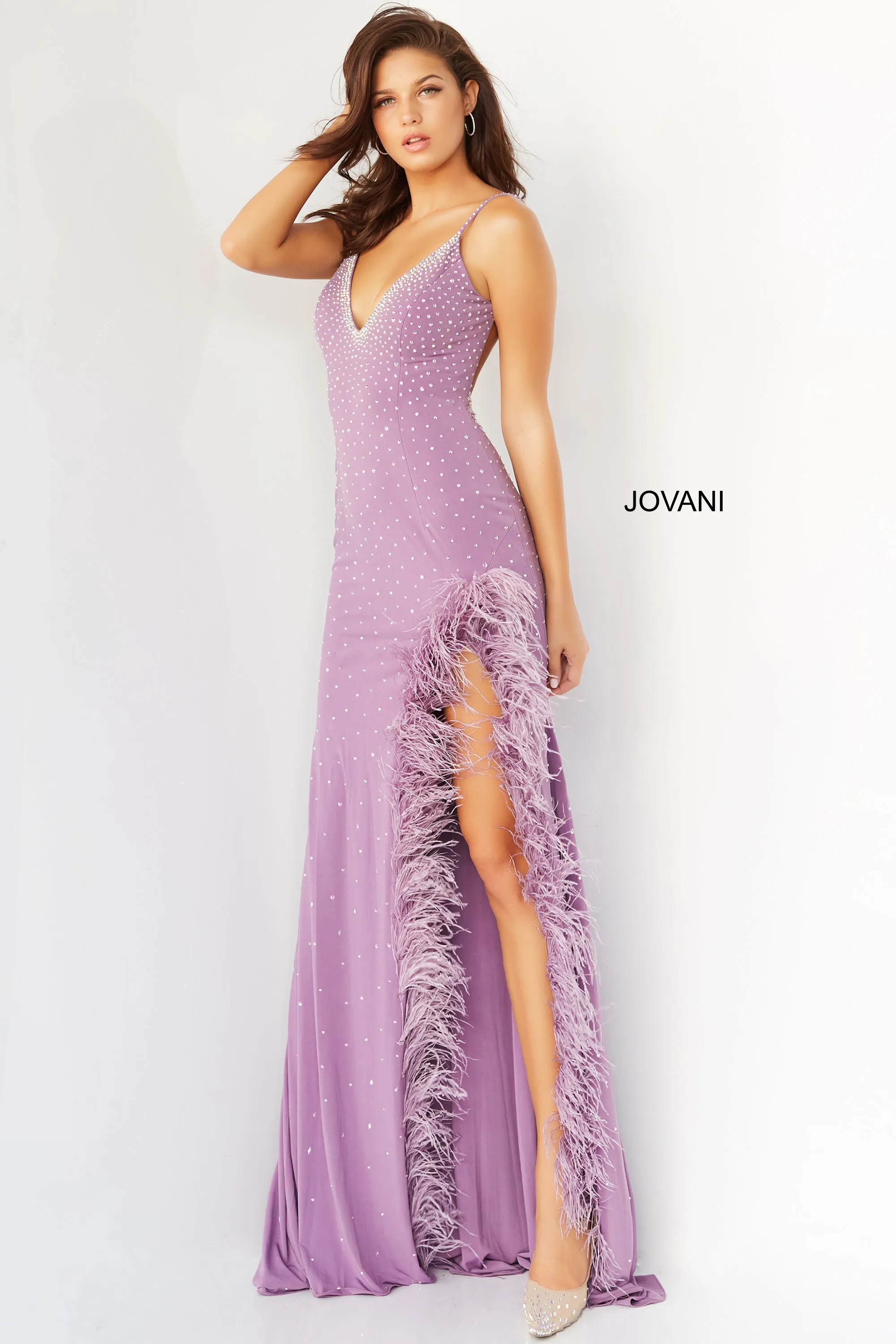 Jovani 08283 Stone Embellished Feather Trimmed Side Slit Low Back V-Neck Prom Pageant Formal Dress