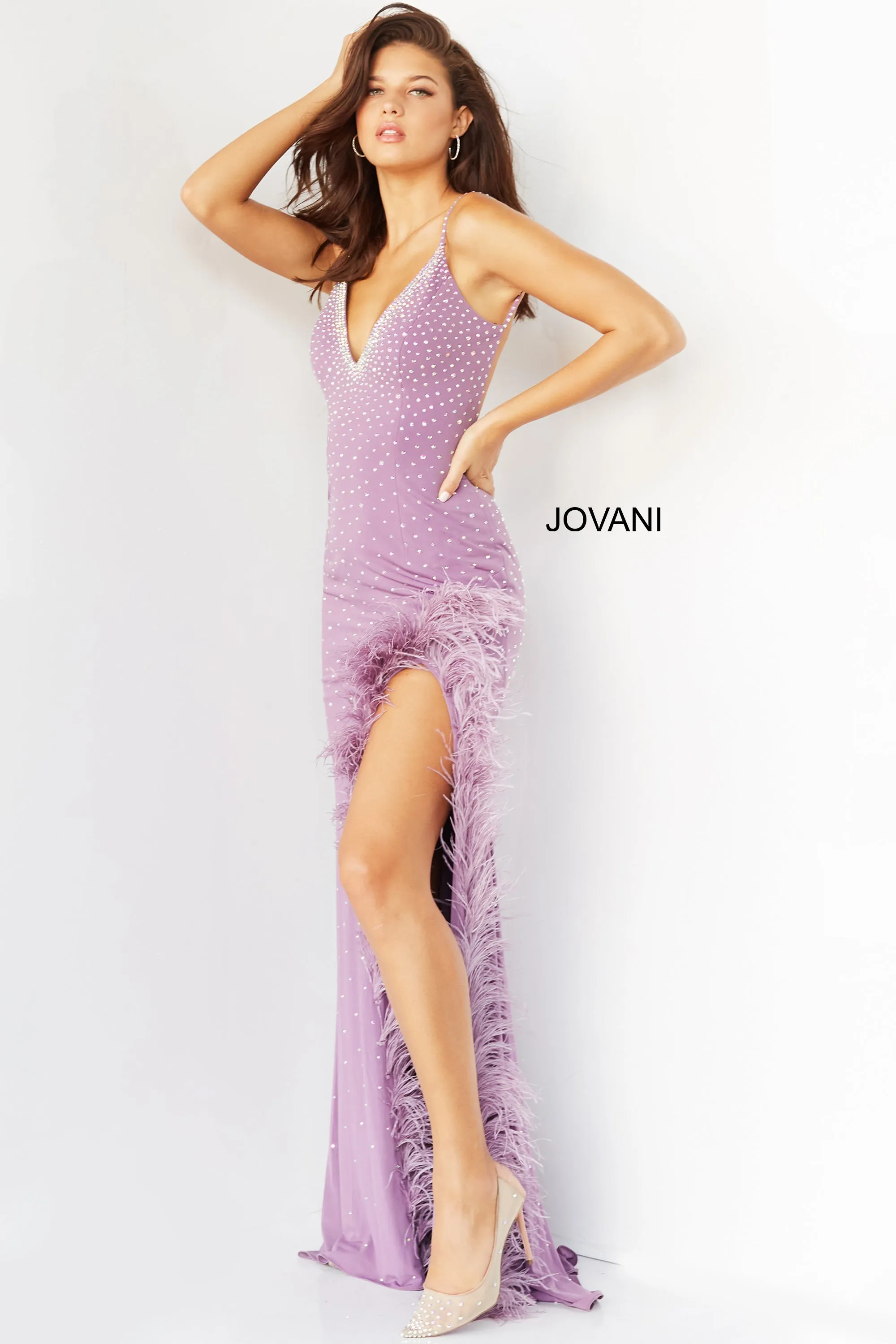 Jovani 08283 Stone Embellished Feather Trimmed Side Slit Low Back V-Neck Prom Pageant Formal Dress