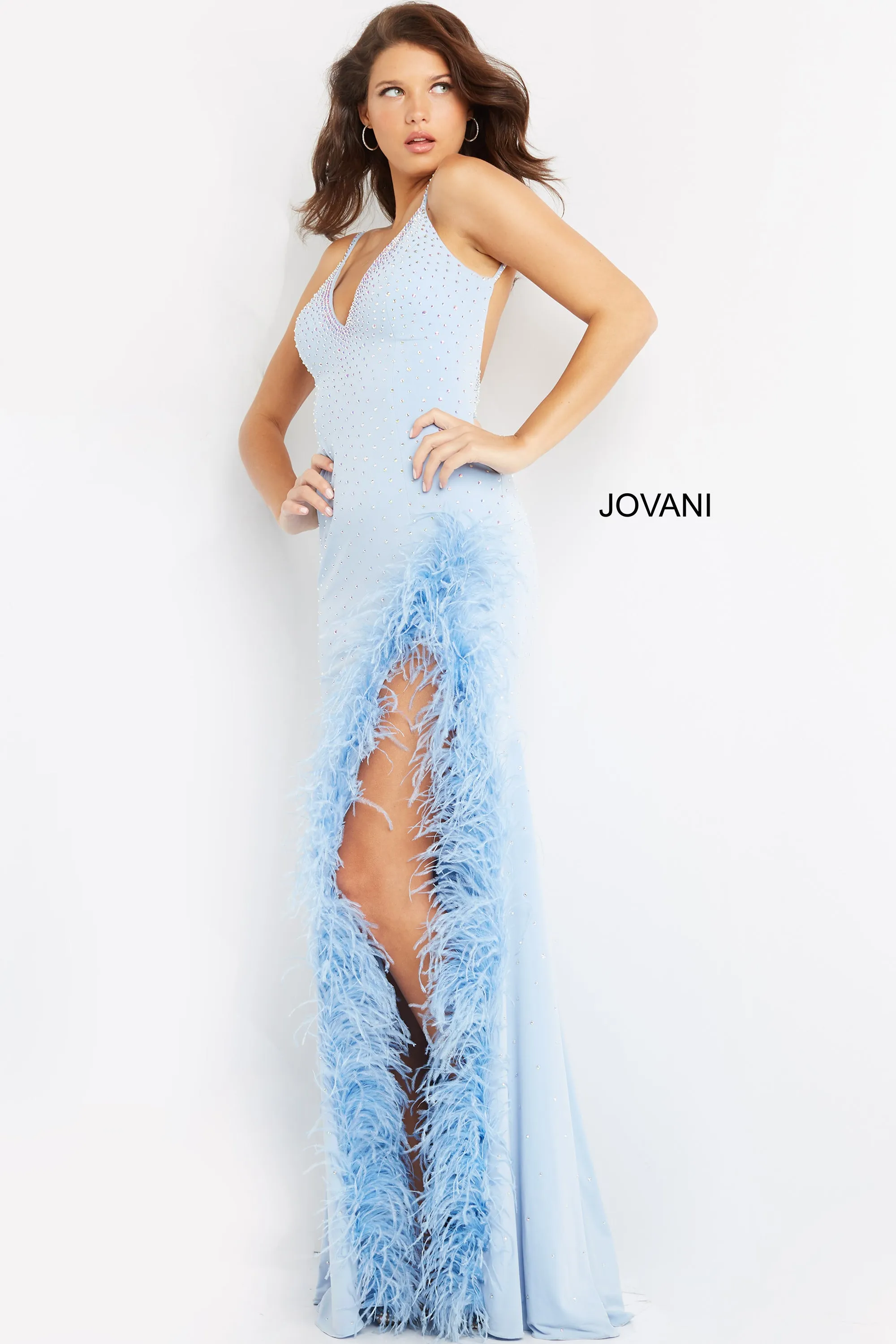 Jovani 08283 Stone Embellished Feather Trimmed Side Slit Low Back V-Neck Prom Pageant Formal Dress
