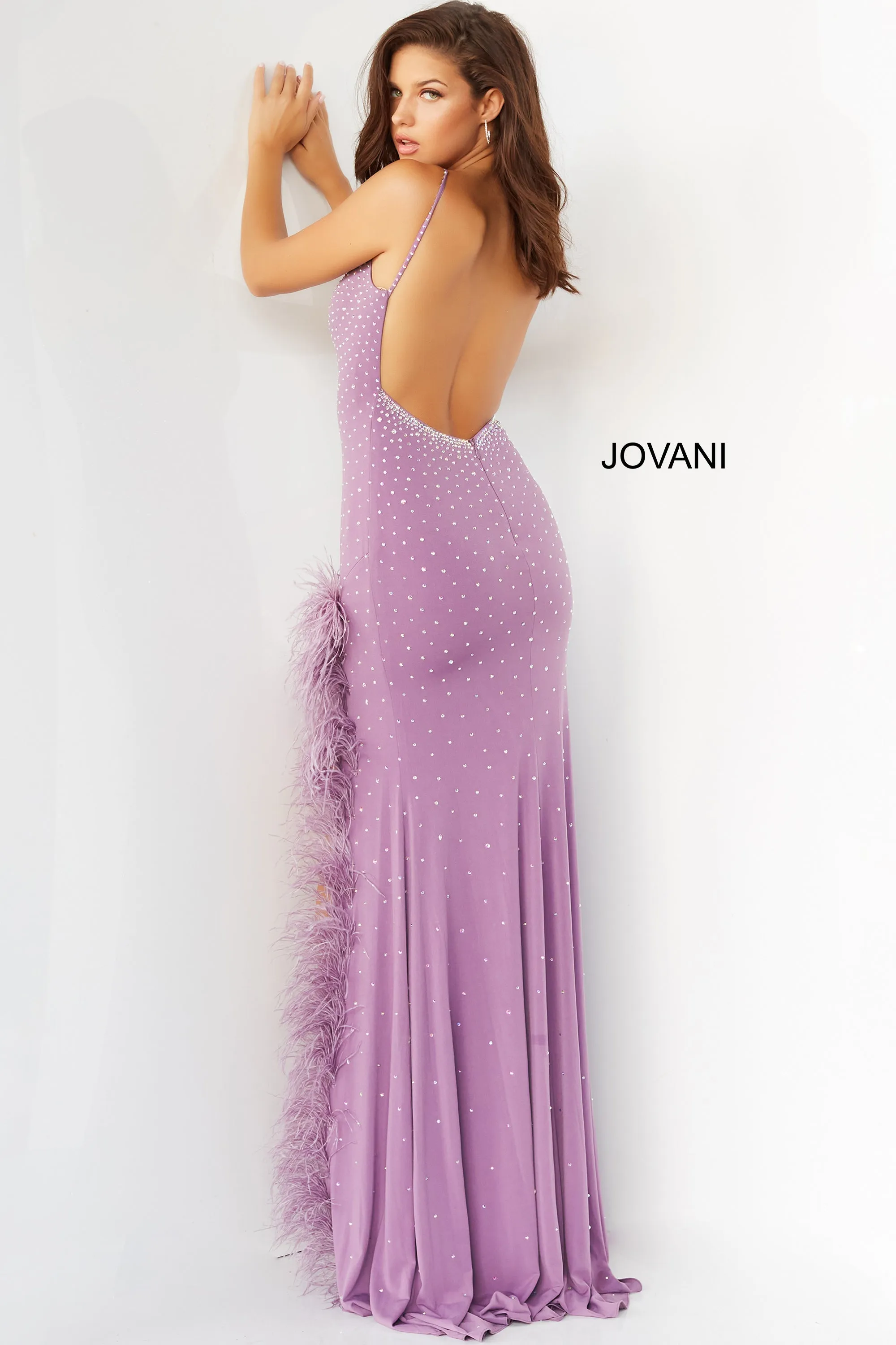 Jovani 08283 Stone Embellished Feather Trimmed Side Slit Low Back V-Neck Prom Pageant Formal Dress