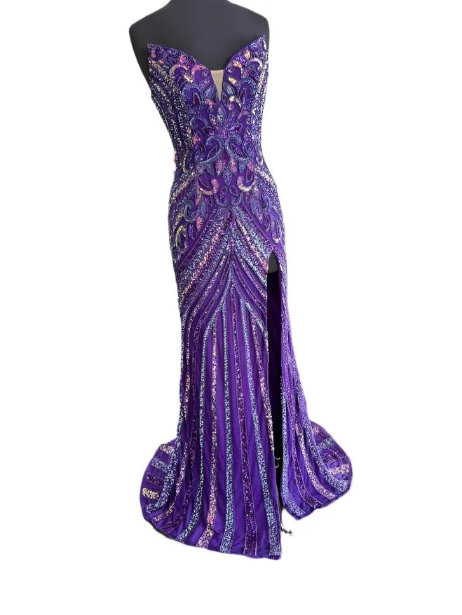 Jovani 38707 Size 6, 16 Purple Beaded Strapless Peak Point Prom Dress Maxi Slit Pageant Gown Sequin Gown