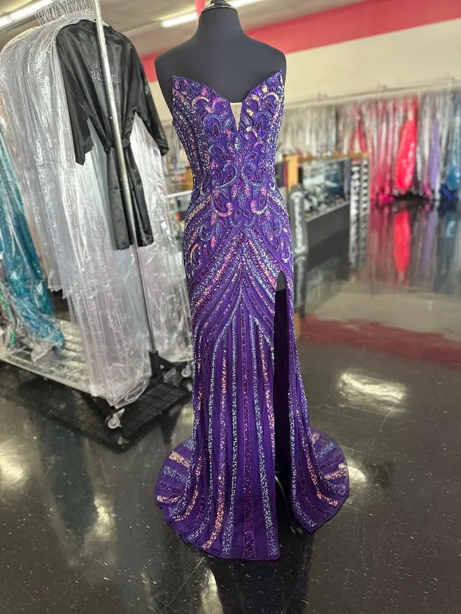 Jovani 38707 Size 6, 16 Purple Beaded Strapless Peak Point Prom Dress Maxi Slit Pageant Gown Sequin Gown