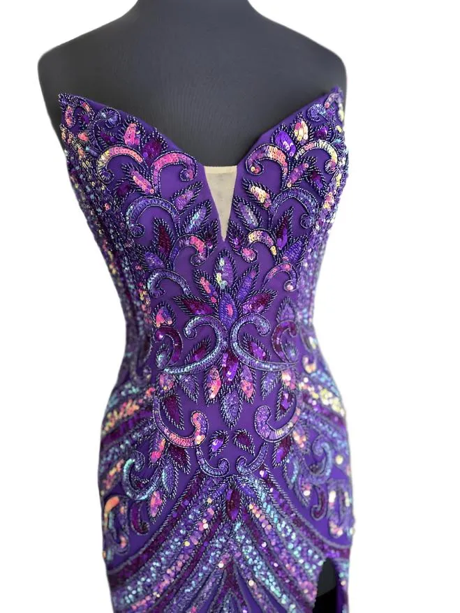 Jovani 38707 Size 6, 16 Purple Beaded Strapless Peak Point Prom Dress Maxi Slit Pageant Gown Sequin Gown