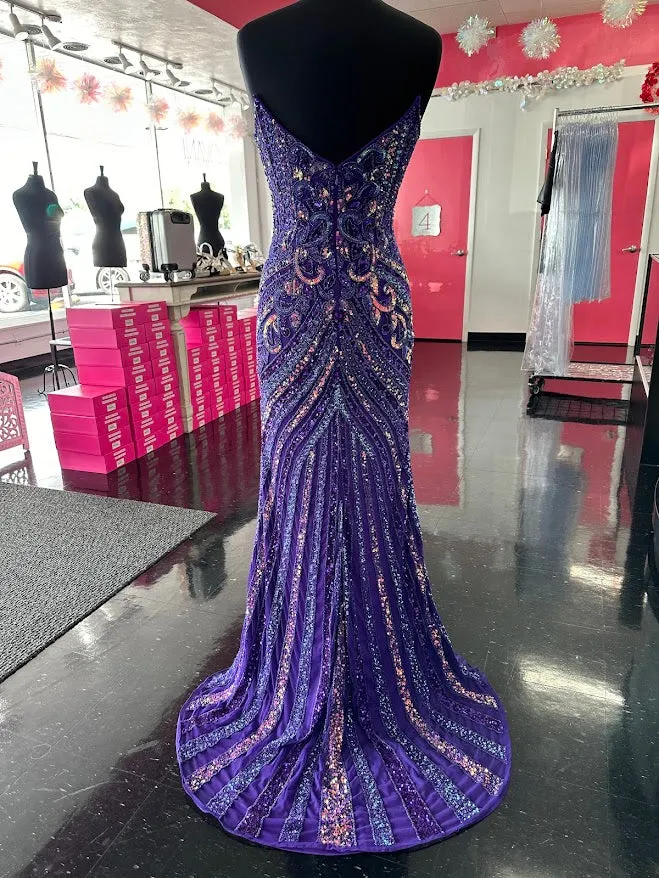 Jovani 38707 Size 6, 16 Purple Beaded Strapless Peak Point Prom Dress Maxi Slit Pageant Gown Sequin Gown