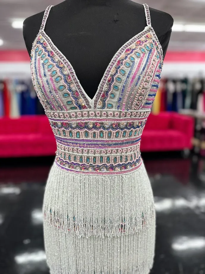 Jovani 38846 Sequin Beaded Fringe Prom Dress Formal V Neck Corset Slit Gown Pageant Slit