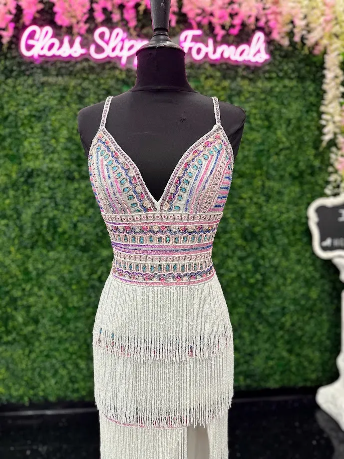 Jovani 38846 Sequin Beaded Fringe Prom Dress Formal V Neck Corset Slit Gown Pageant Slit