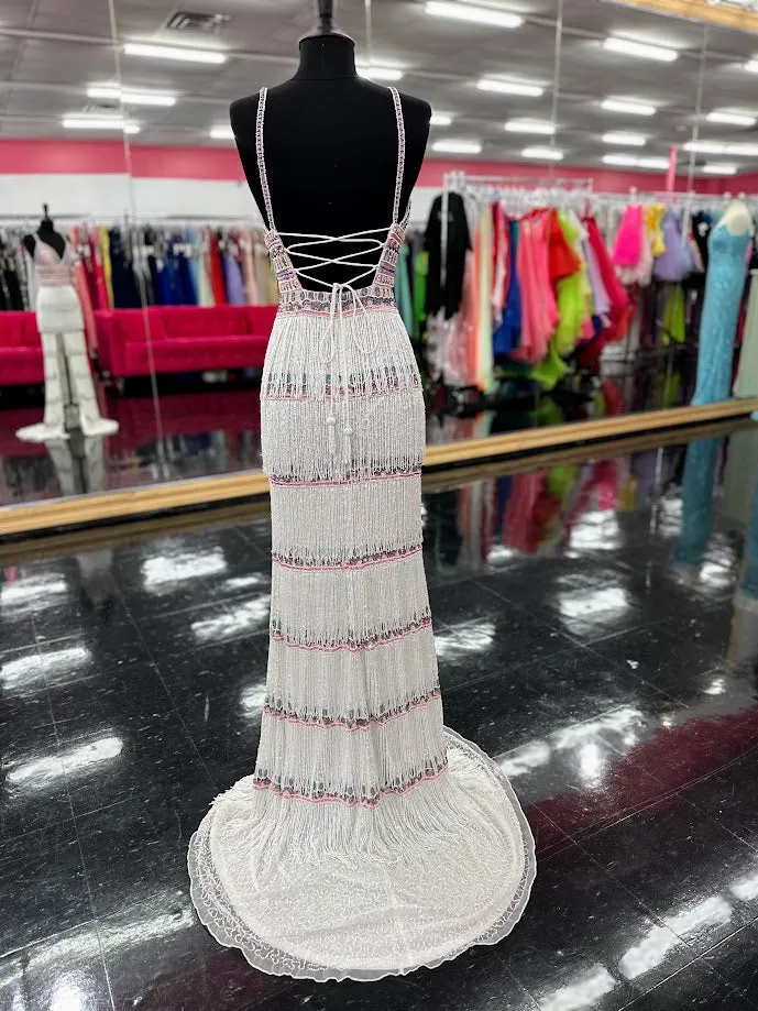 Jovani 38846 Sequin Beaded Fringe Prom Dress Formal V Neck Corset Slit Gown Pageant Slit