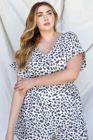 Junior Plus Charcoal & White Leopard Print Short Sleeve Romper /3-2-1