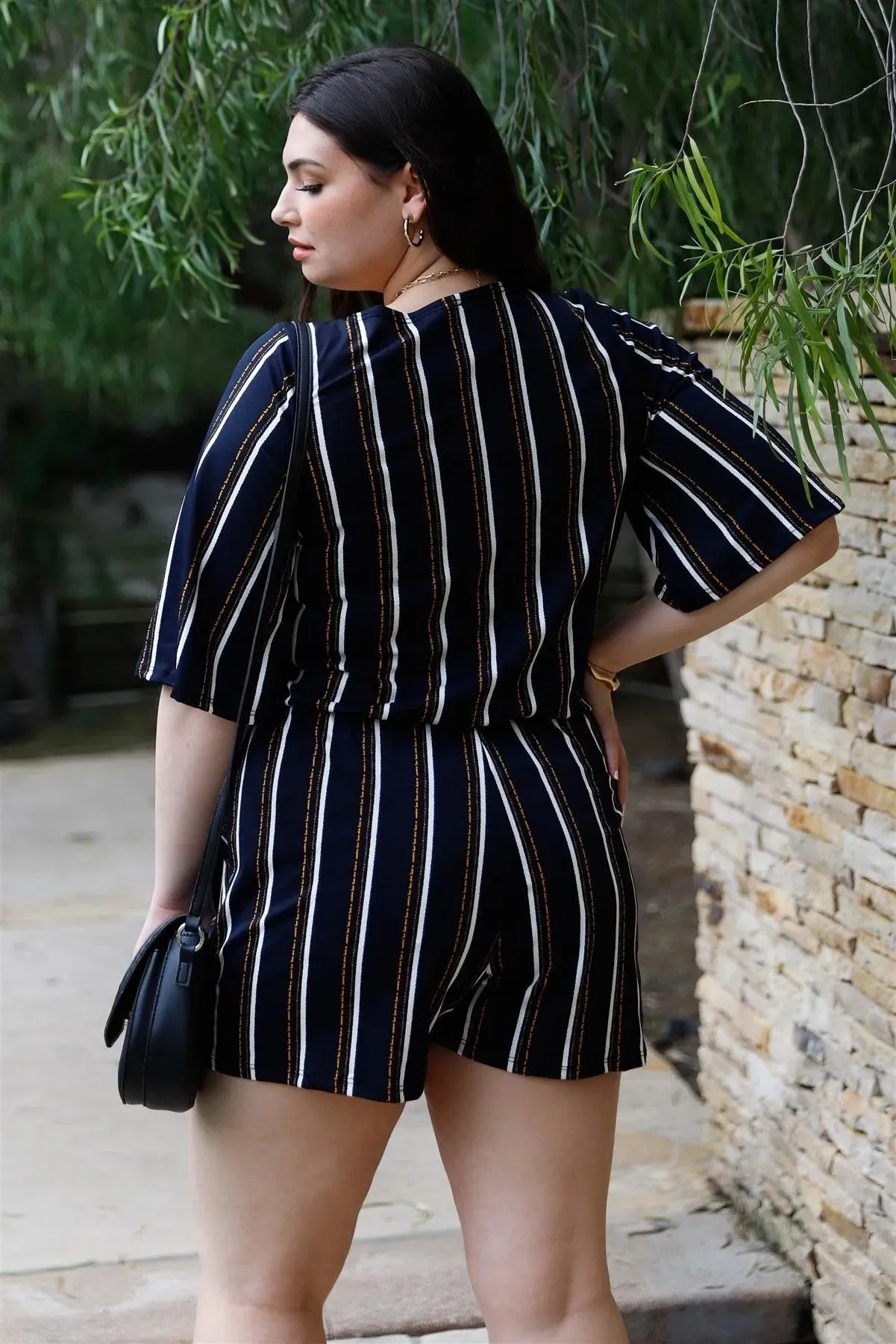 Junior Plus Navy & Yellow Stripe V-Neck Short Sleeve Romper /2-2-2