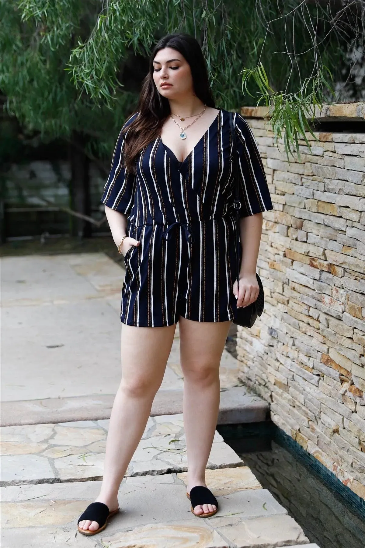 Junior Plus Navy & Yellow Stripe V-Neck Short Sleeve Romper /2-2-2