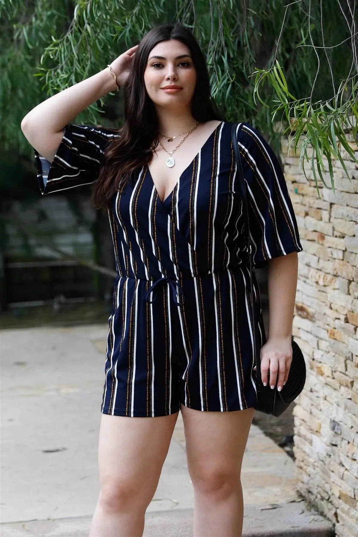 Junior Plus Navy & Yellow Stripe V-Neck Short Sleeve Romper /2-2-2