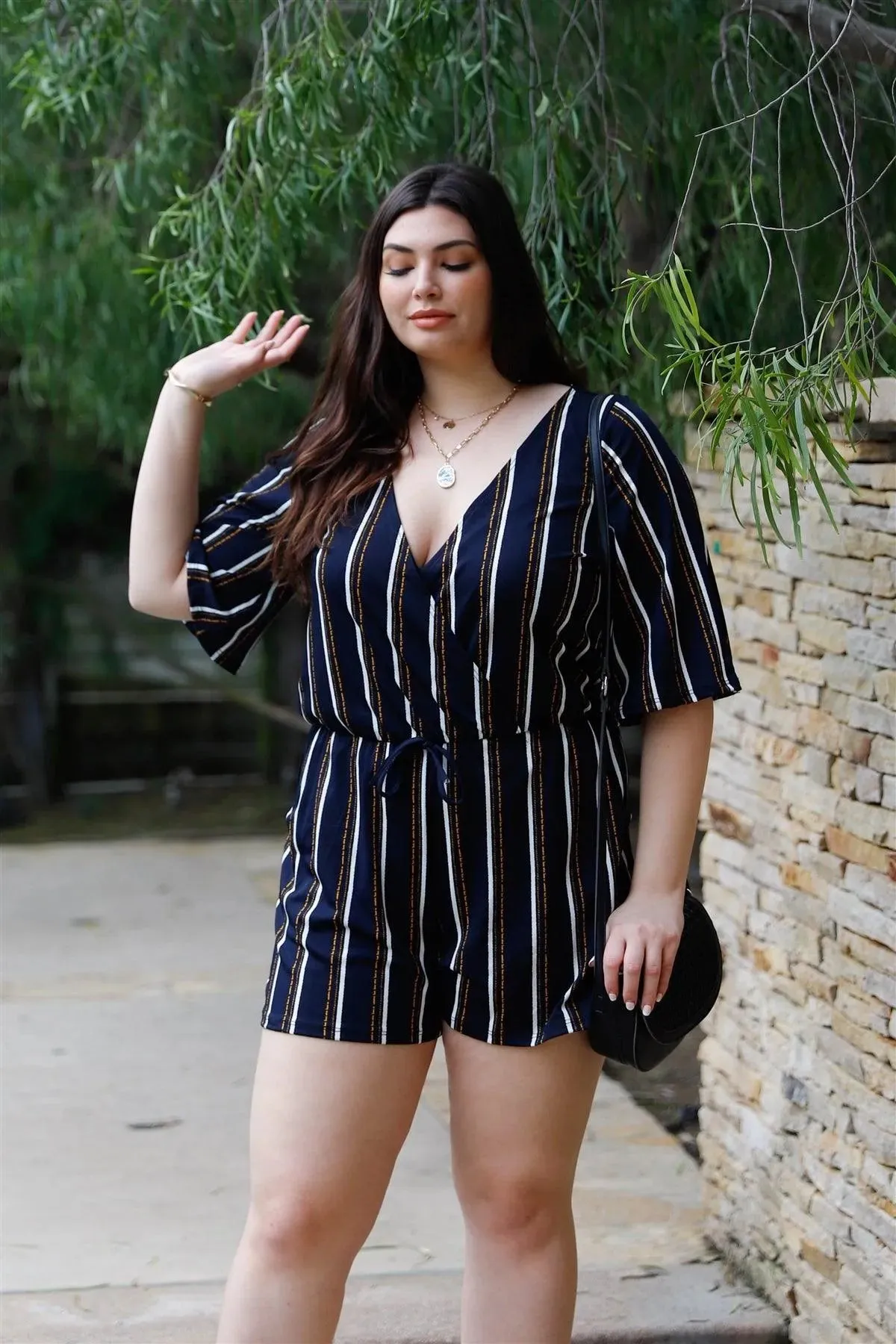Junior Plus Navy & Yellow Stripe V-Neck Short Sleeve Romper /2-2-2