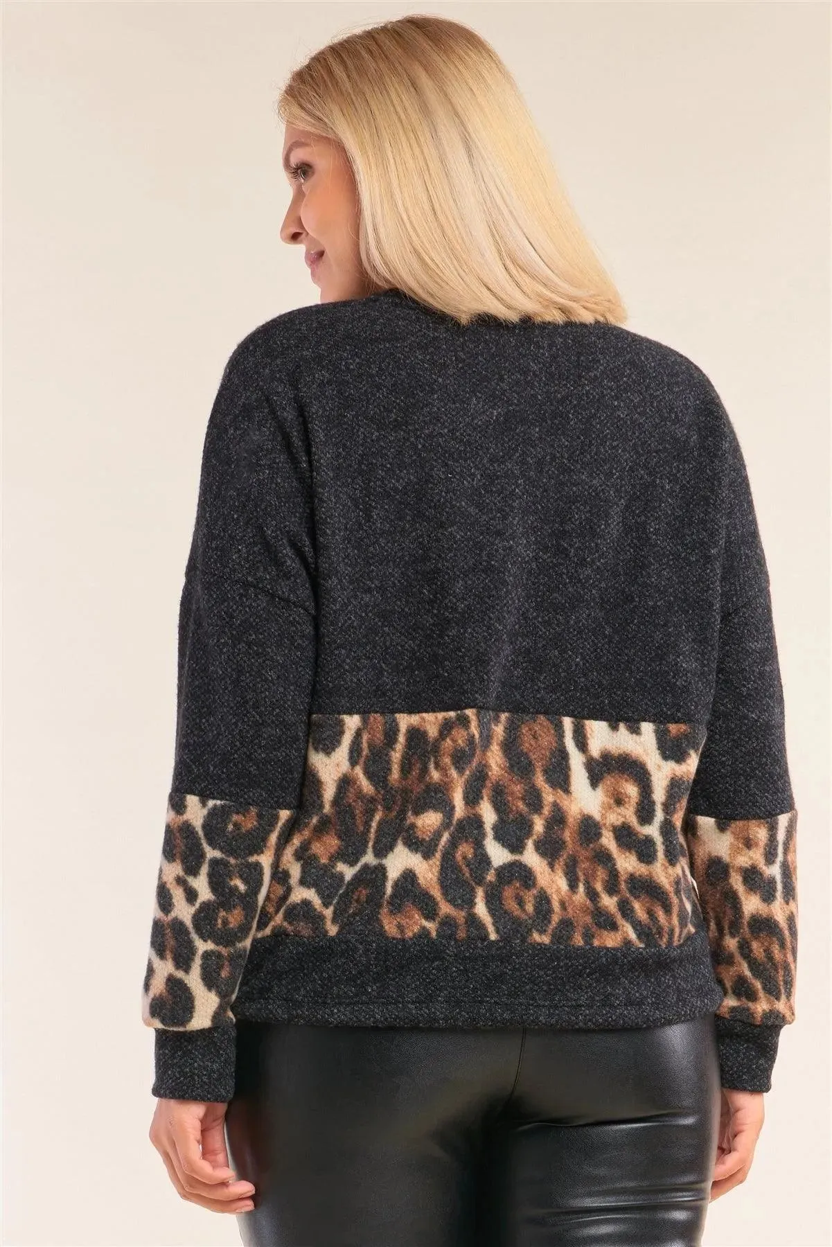 Junior Plus Size Leopard Print Trim Tie Hem Sweater /2-2-1-1