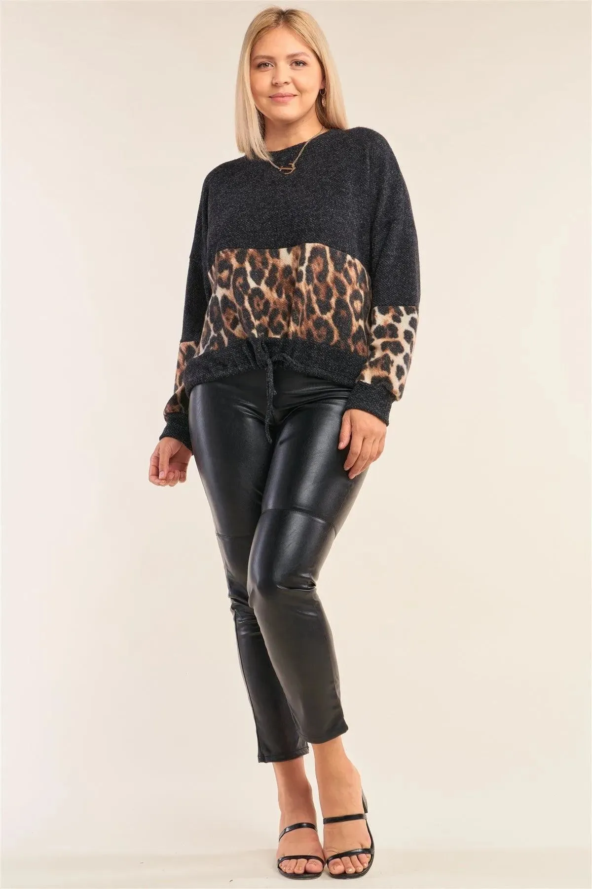 Junior Plus Size Leopard Print Trim Tie Hem Sweater /2-2-1-1
