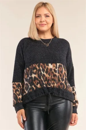 Junior Plus Size Leopard Print Trim Tie Hem Sweater /2-2-1-1