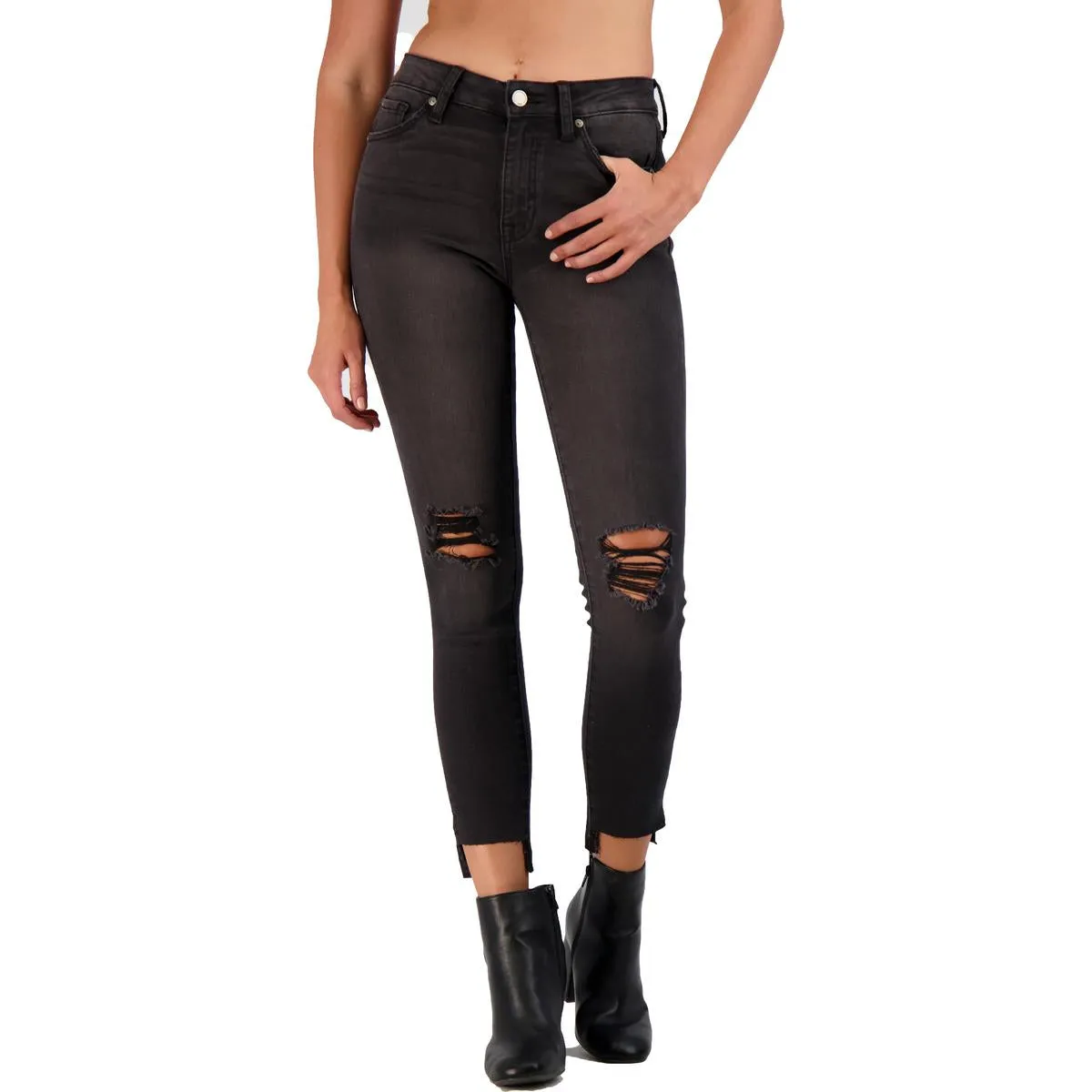 Just Black Women's Faded Dark Wash Destroyed Step Hem Skinny Ankle Jeans