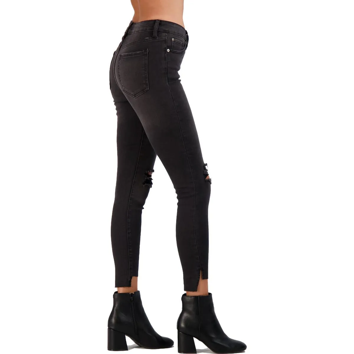 Just Black Women's Faded Dark Wash Destroyed Step Hem Skinny Ankle Jeans