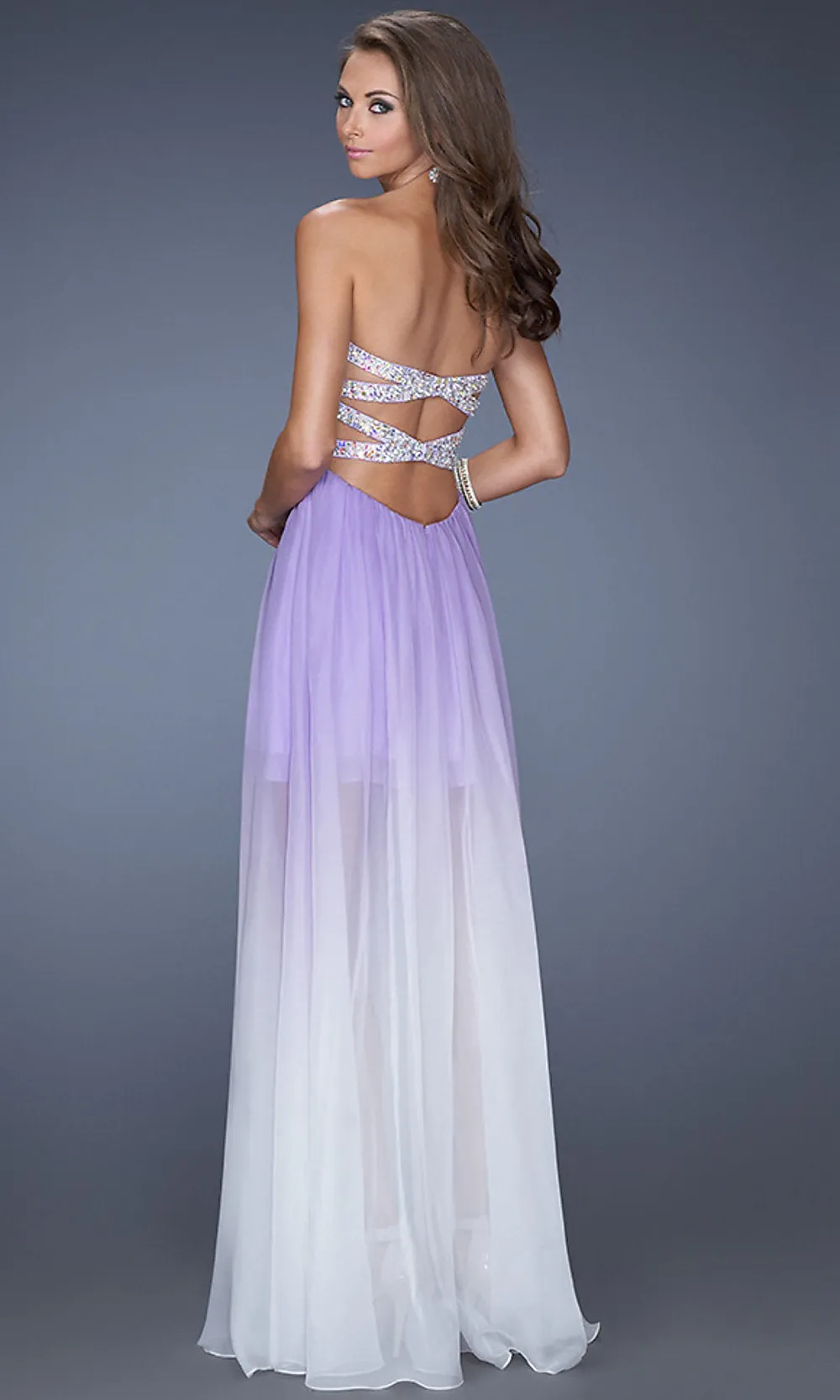 La Femme Strapless Ombre High-Low Prom Dress