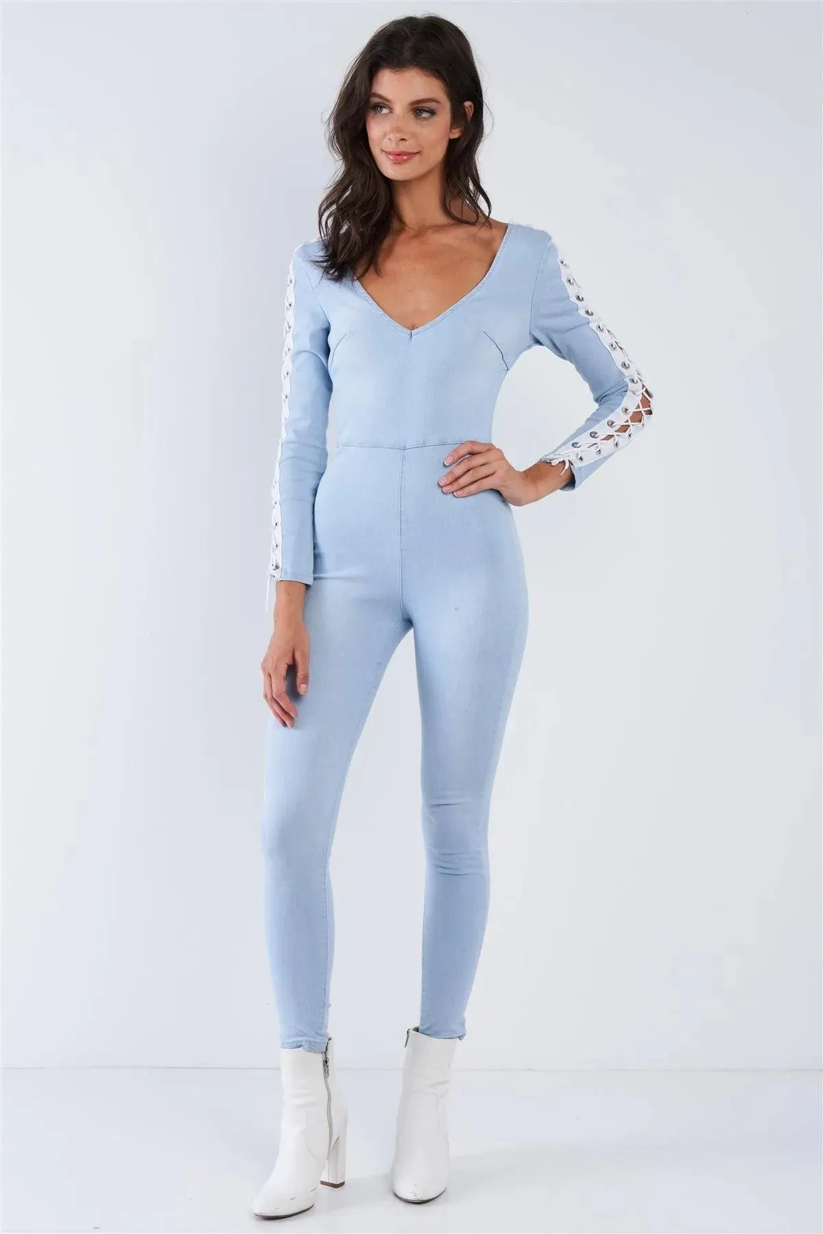 Light Blue Long Sleeved White Side Seam Lace Up V-Neck Sexy Denim Jumpsuit