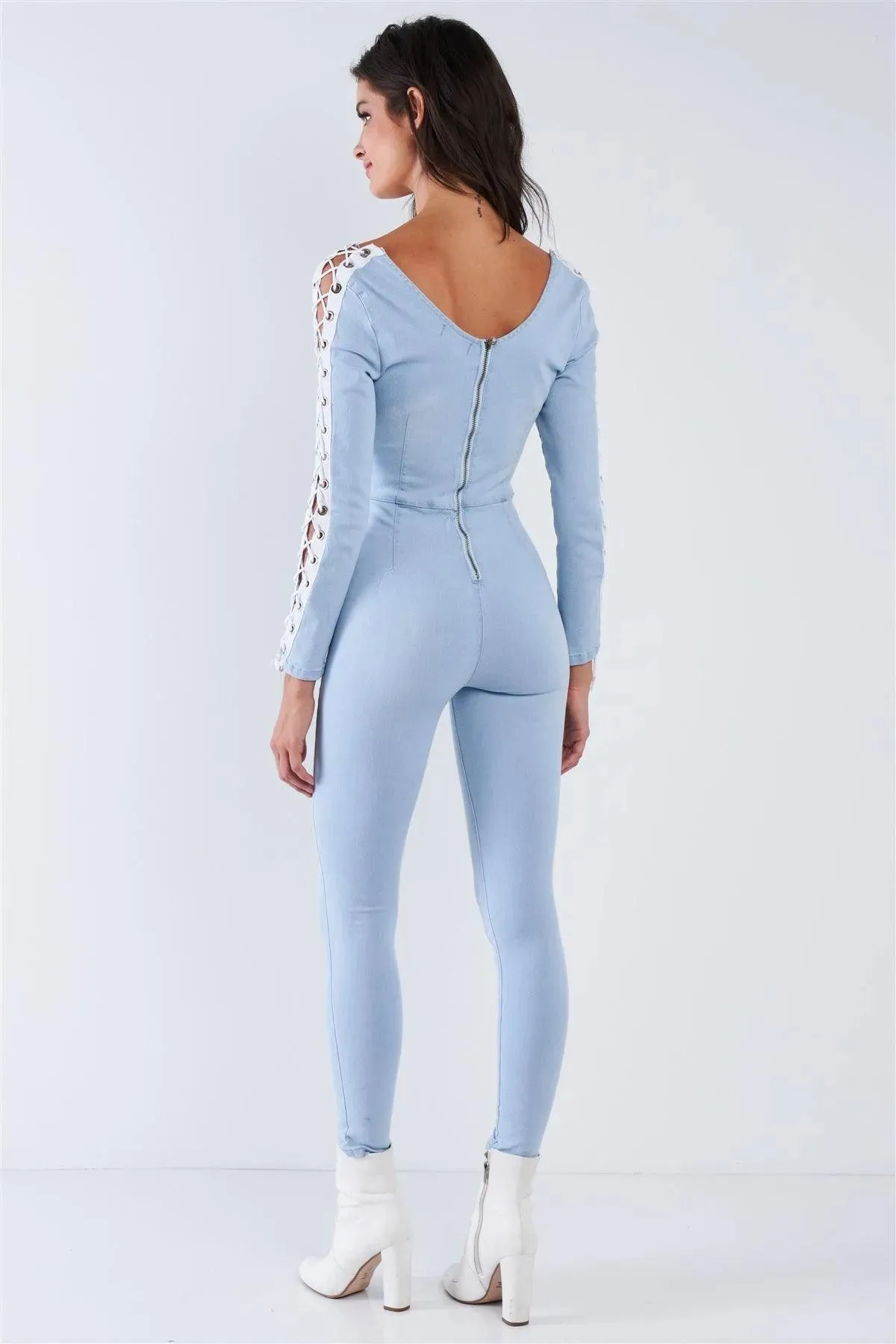 Light Blue Long Sleeved White Side Seam Lace Up V-Neck Sexy Denim Jumpsuit