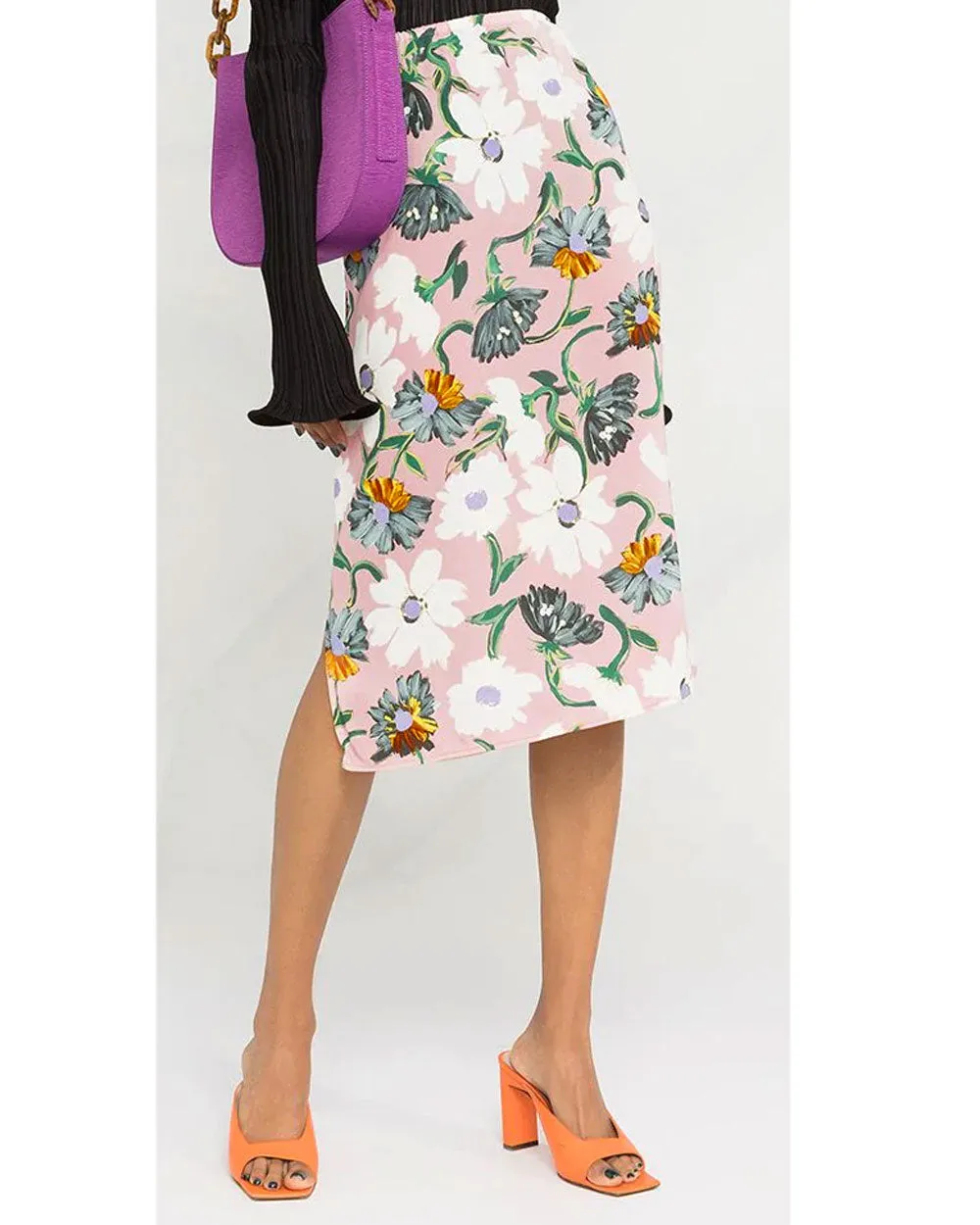 Light Pink Floral Print Satin Midi Skirt