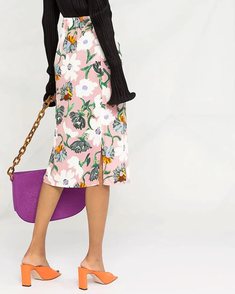 Light Pink Floral Print Satin Midi Skirt