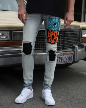 Light Wash Slim Fit Blue Jeans with Graffiti Patch