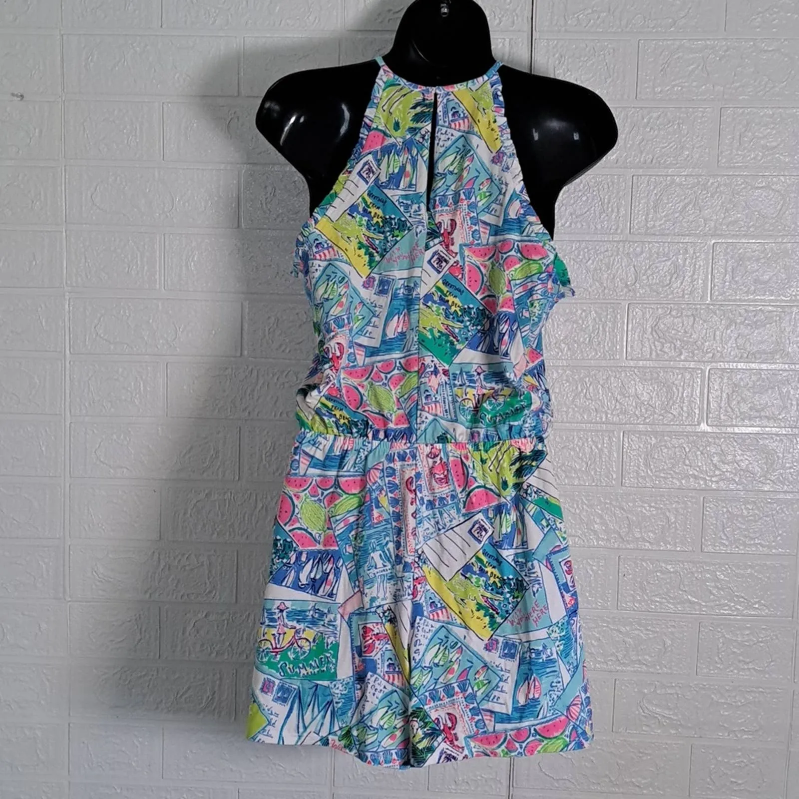 LILLY PULITZER DAYLEY ROMPER IN MULTI POP UP WISH YOU WERE HERE